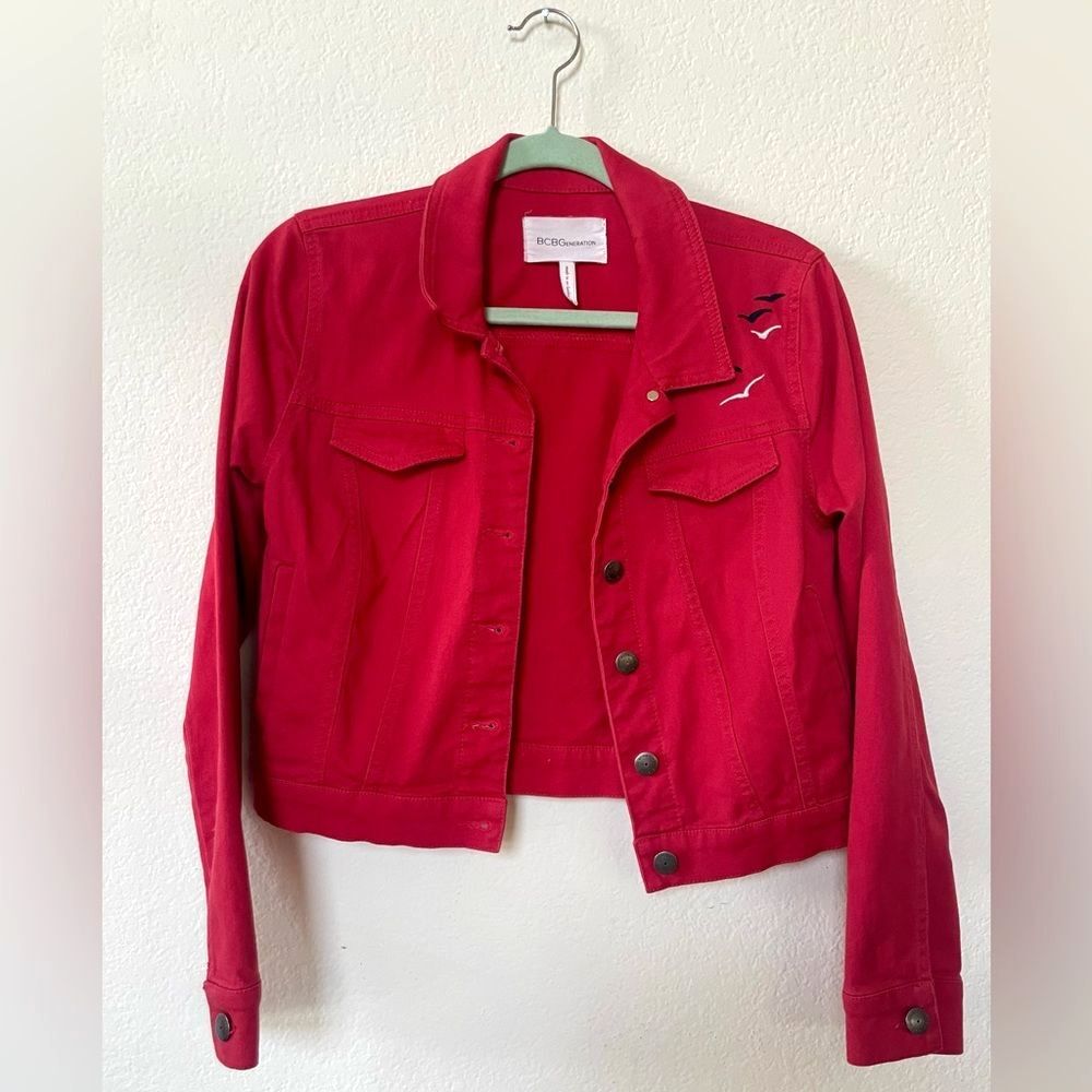 Cropped Denim Jacket Red Soft Cotton Lightweight Utility Embroidered Birds XXS - Picture 3 of 12